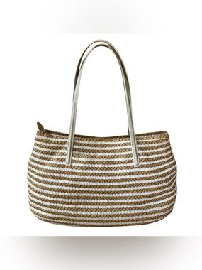 ERIC JAVITS Isla “Squishee” Straw & White Grosgrain Tote w/ Gold Leather Straps